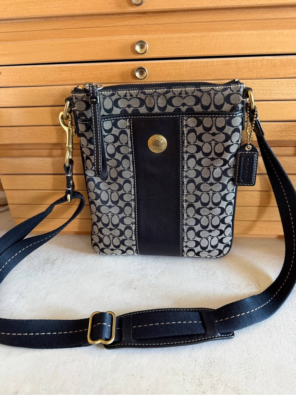 Coach Signature Stripe Crossbody Bag Black Tan Canvas Leather Purse
